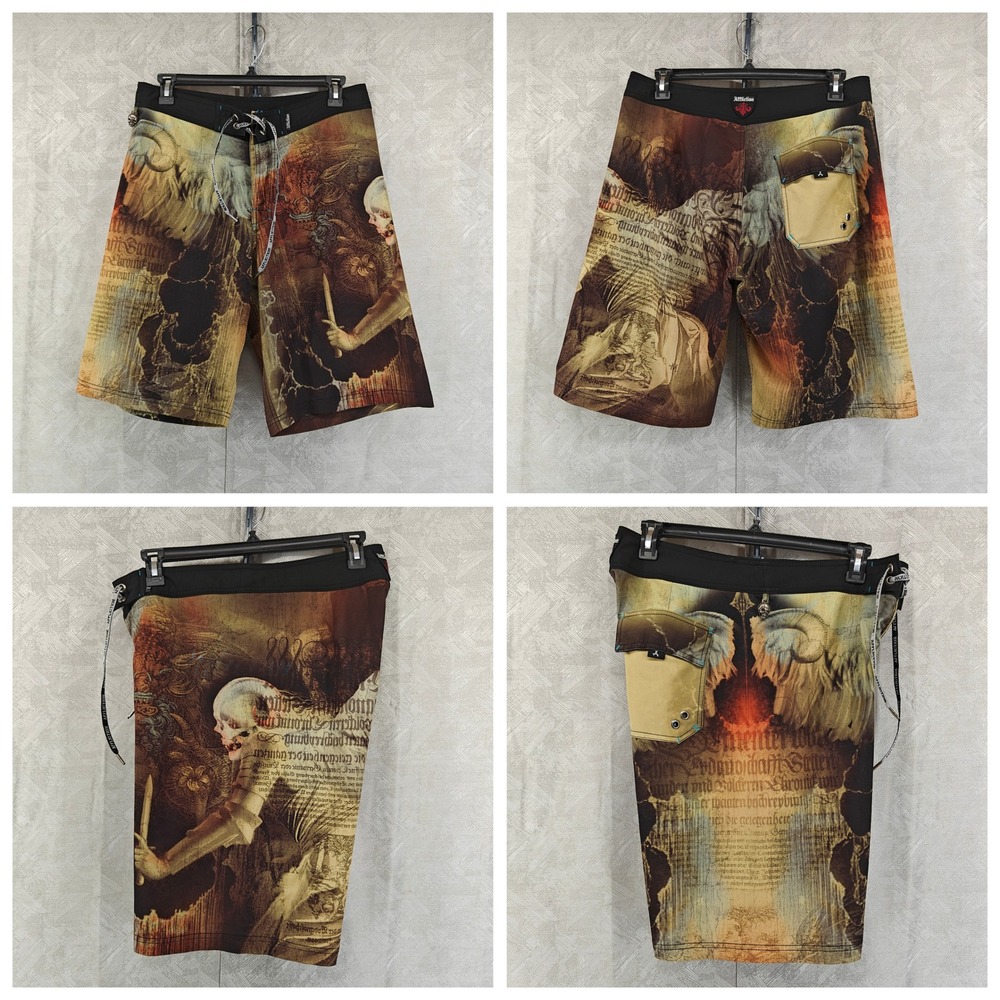 Affliction Board Shorts Mens 34 Skull Wing Graphic MMA Y2K Grunge Cyber Goth